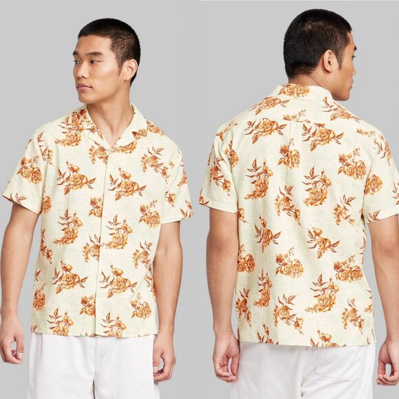 XL - Mens Floral Print Short Sleeve Notch Collared Button-Down Shirt - Picture 1 of 6